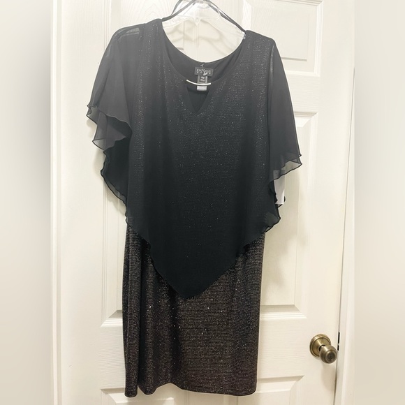 En Focus Studio Cocktail Dress Gold W/ Black Sheer Blouson Top Layer Sz 16 W - Picture 1 of 7